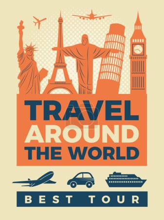 Ilustración de Cartel de viaje con ilustraciones de monumentos famosos. Viajes y arquitectura, turismo y turismo de vacaciones vector - Imagen libre de derechos