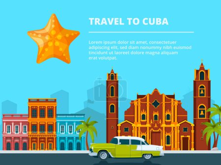Illustration for Urban landscape of cuba. Different historical symbols and landmarks. Travel and tourism, cityscape cuba, building city and landscape urban. Vector illustration - Royalty Free Image