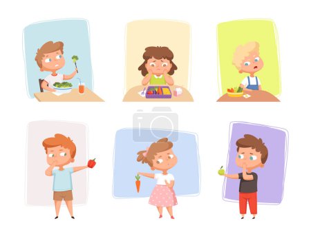 Illustration for Vegetables for children. Unhappy kids dont like healthy fruits and vegetables emotional eating junk food sweets delicious meal hungry persons vector set. Kid dislike eating healthy food illustration - Royalty Free Image