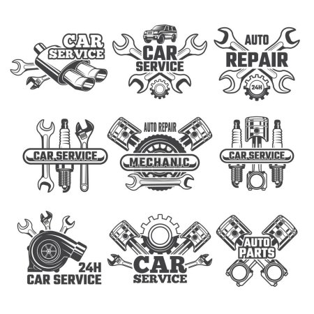 Illustration for Vintage labels set with illustrations of automobile tools. Auto service or garage maintenance car vector - Royalty Free Image
