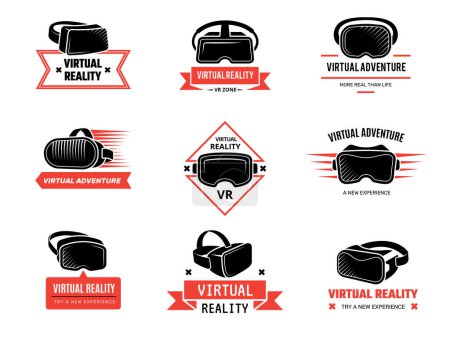 Illustration for Vr helmet logo. Badges set for gamers future technology headset virtual reality entertainment vector emblems. Virtual helmet logo, vr reality video illustration - Royalty Free Image