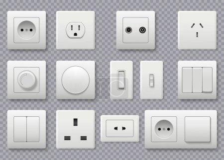Illustration for Wall switch. Power electrical socket different modern round switches vector realistic collection. Power electricity, outlet european and american illustration - Royalty Free Image