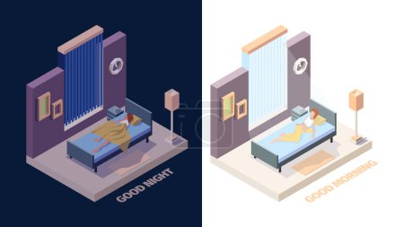 Illustration for Wake up girl. Joyful happy woman in bed sleep in night and stretching hands in morning vector wake up isometric people. Illustration woman good morning, happy young girl awake - Royalty Free Image
