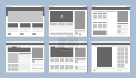 Diseño del sitio web. Páginas web plantilla ventana del navegador de Internet con banners y elementos ui iconos de diseño de vectores. Ilustración del sitio del menú, diagrama de flujo de contenido del proyecto
