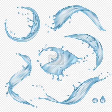 Illustration for Water flowing. Transparent ocean splashes liquid water vector drops collection. Freshness wet wave, droplet bending, splashing and flowing illustration - Royalty Free Image