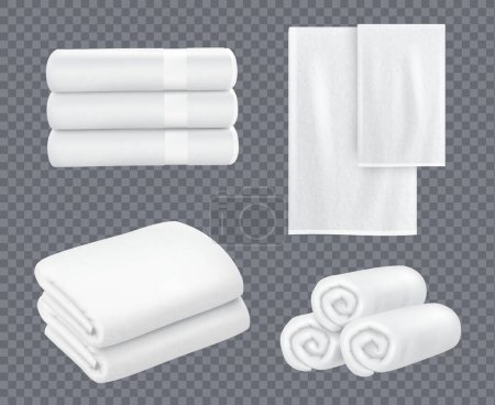 Illustration for White towel. Hotel bathroom hygiene textile stacked beautiful fresh towels for washing room vector realistic sets. Towel bathroom for hotel or beach illustration - Royalty Free Image