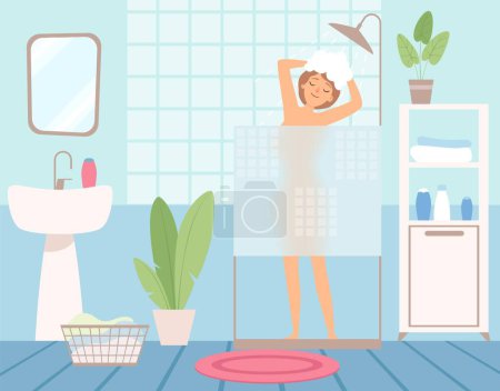 Illustration for Girl takes shower. Bathroom interior, hygiene procedures. Woman washes her head vector illustration. Girl in bathroom, shower clean with soap - Royalty Free Image