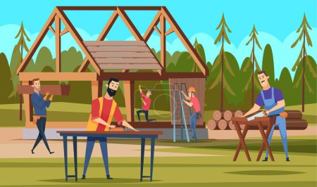 Illustration for Wooden roof builders. Professional carpenters team making building handyman craftsman working vector cartoon house background. Construction worker residential, development wooden house illustration - Royalty Free Image