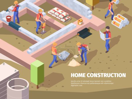 Illustration for Workers foundation building. Architects and builders construct house engineers working vector isometric background. Construction and foundation, worker working on site illustration - Royalty Free Image