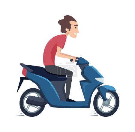 Téléchargez les illustrations : Homme en scooter. Homme conduit moto, isolé cavalier plat caractère vecteur. Illustration conduite moto, mâle par scooter - en licence libre de droit