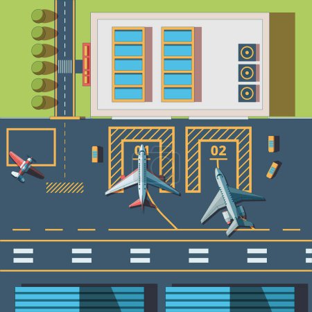 Illustration for Airport top view. Terminal building and civil aircraft airport runway vector background. Airport building terminal, transport plane, aircraft transportation, airplane top view illustration - Royalty Free Image