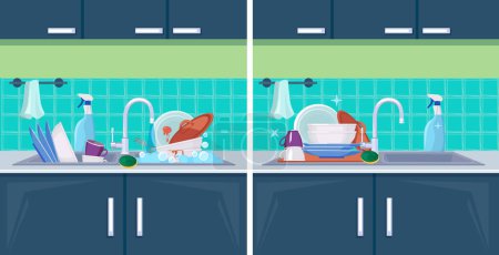 Illustration for Clean and dirty dish. Sink with kitchenware items for washing cleaning vector cartoon background. Illustration wash and clean, unwashed kitchenware - Royalty Free Image