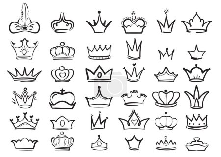 Ilustración de Garabatos de la corona. Rey imperial diadema símbolos reales conjunto de vectores de boceto majestuoso. Ilustración dibujo corona rey o reina, símbolo majestuoso del monarca - Imagen libre de derechos