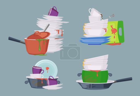 Illustration for Dirty dish. Kitchen restaurant items for cleaning forks spoons bowls plates salad bowls mugs glasses vector dirty. Illustration pile of ceramic plate and saucepan - Royalty Free Image