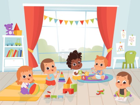 Illustration for Children playing room. Little new born or 1 years baby with toys indoors vector kids characters. Kindergarten room with kids play with toys illustration - Royalty Free Image