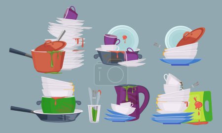 Illustration for Dirty dish. Restaurant kitchen empty items for washing and cleaning dirty plates mugs vector collection. Heap tableware and dirt dishware illustration - Royalty Free Image