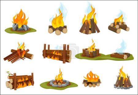 Illustration for Fireplace wooden. Light flame burned bonfire with smoke campfire vector collection. Illustration firewood summer, blaze and smoke burned - Royalty Free Image