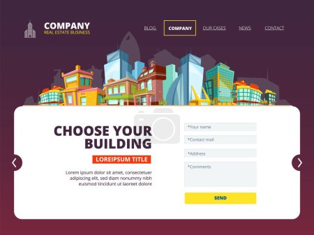 Illustration for Mortgage loan landing. Web layout of real estate company internet page buildings vector landing. Home exterior, interface housing web site illustration - Royalty Free Image