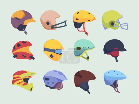 Illustration for Safety sport helmet. Head accident protection items race motorbike hockey and paintball helmet vector. Illustration protection helmet for motorcycle and sport equipment - Royalty Free Image