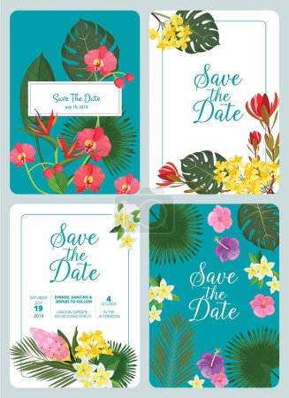 Illustration for Save day invitation. Decorative tropical flowers leaf plants frame nature wedding vector cards design template. Illustration wedding card flower, bouquet save the date - Royalty Free Image