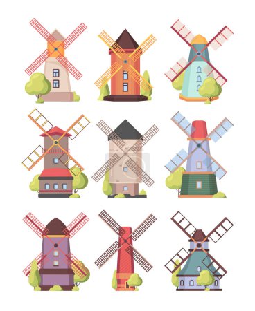 Illustration for Windmill. Farm holland rural buildings watermill electricity generation vector windmill. Wind mill rural, building farm tower illustration - Royalty Free Image