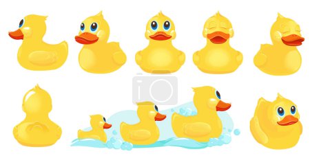 Gelbe Badeente. Gummi-Wasserspielzeug für Kinder Duschraum Spiele mit Entenvektor niedlichen Charakteren. Gelbe Badeente, Wasser Tier Spielzeug Illustration