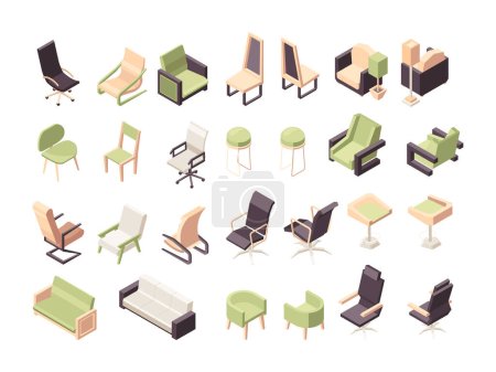 Illustration for Armchairs isometric. Office furniture modern low poly chairs collection vector 3d objects isolated. Furniture armchair, seat for interior, chair office illustration - Royalty Free Image