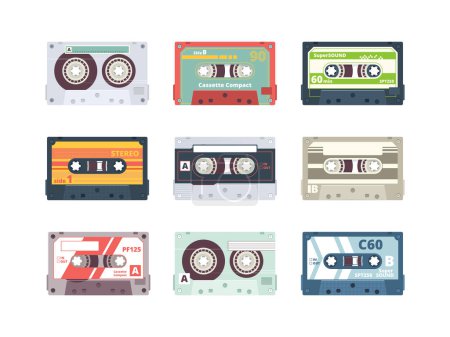 Illustration for Audio cassettes. Retro 90s record stereo tape plastic listening devices hifi music cassettes vector colored flat collection. Illustration 90s tape audio, cassette stereo recorder - Royalty Free Image