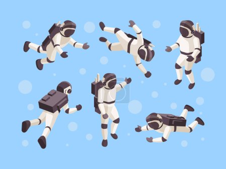 Illustration for Astronaut isometric. Cosmo space futuristic human in special clothes vector astronaut in different poses. Illustration astronaut isometric in weightlessness - Royalty Free Image
