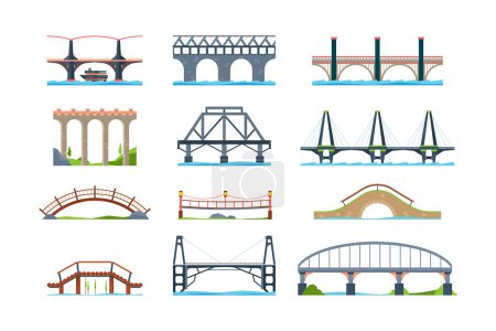 Ilustración de Puentes. Aqueduc de hierro de madera con columna moderna objetos arquitectónicos vector puente en estilo plano. Puente de arquitectura de ilustración, edificio de estructura emblemática - Imagen libre de derechos