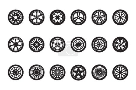 Illustration for Car wheel collection. Automobile tire silhouettes racing vehicle wheels vector pictures. Illustration tire automobile, car wheel set - Royalty Free Image