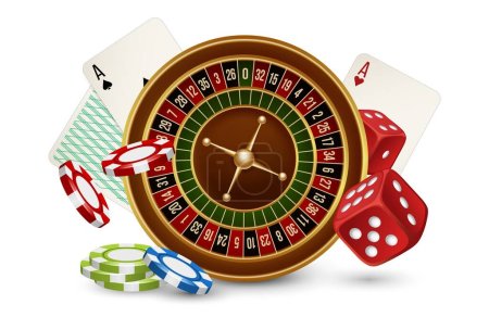 Illustration for Casino vector concept. Casino roulette, chips, dice and cards isolated on white background. Illustraton casino gambling, roulette game play - Royalty Free Image