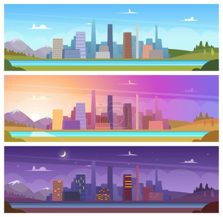 Illustration for Different day time. Night morning night day outdoor city landscape vector cartoon backgrounds. Night and morning city sky, sunset and evening, sunrise and daytime illustration - Royalty Free Image