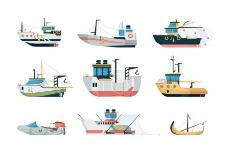 Illustration for Fishing ship. Marine sea or ocean transport different fishing sailing boats vector flat pictures. Fishing transport industrial, trawler and fishery boat illustration - Royalty Free Image