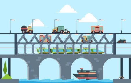 Illustration for Landscape with bridge. Speed truck highway bridge with cars vector cartoon background illustration. Road highway over river for transport traffic - Royalty Free Image