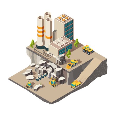 Illustration for Mining isometric. Rock mine industry production quarry construction technics vector composition. Industrial equipment mine, rock excavating 3d isometric - Royalty Free Image
