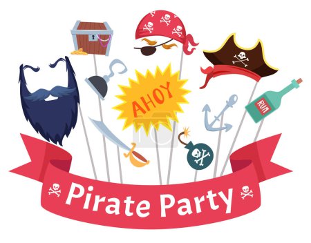 Illustration for Party mask. Pirate hats beard hairs hook bandanas mascarade costumes vector collection. Mask photobooth, beard pirate, saber and hat illustration - Royalty Free Image