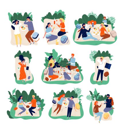 Téléchargez les illustrations : Des amis de pique-nique. Les gens mangeant dans le parc sain heureux famille plein air vecteur personnages illustrations. Week-end de pique-nique d'été, manger ensemble dans le parc - en licence libre de droit
