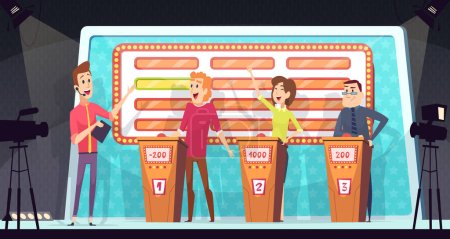 Illustration for Quiz tv show. Smart competition with three players answered question entertainment tournament television game vector background. Competition tv show, quiz contest player, smart playing illustration - Royalty Free Image