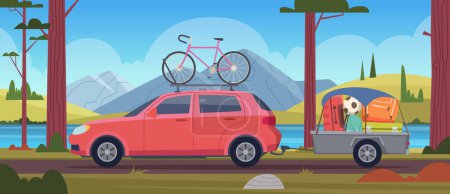 Illustration for Road trip vacation. Travellers family in car with luggage adventure minivan vector cartoon background. Illustration trip car with luggage, adventure minivan transportation - Royalty Free Image