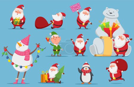 Téléchargez les illustrations : Le Père Noël est prêt. Personnages de Noël. Mignon Père Noël, ours polaire, illustration vectorielle de pingouin. Pingouin Noël, bonhomme de neige Noël et elfe - en licence libre de droit