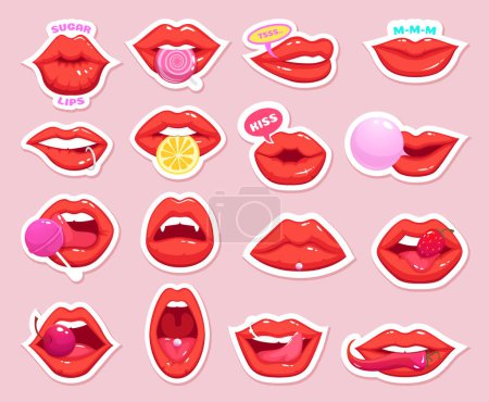 Illustration for Sexy stickers. Retro patch girl lips kiss candy cherry vector badges collection. Lip mouth sexy, tongue and kiss collection illustration - Royalty Free Image