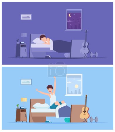 Illustration for Wake up man. Joyful happy morning sleeping male person stretching in bad sitting on mattress vector peaceful characters. Wake up morning, happy male awake early illustration - Royalty Free Image
