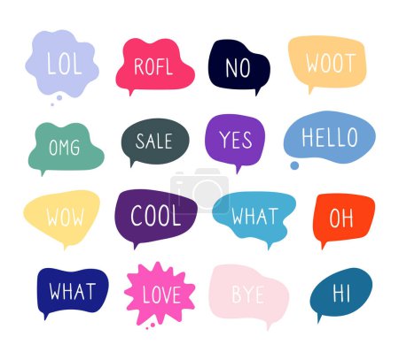 Ilustración de Frases de conversación de burbujas. Nubes de chat en línea con diferentes palabras comentarios información formas vector. Frase de ilustración y diálogo en burbuja - Imagen libre de derechos
