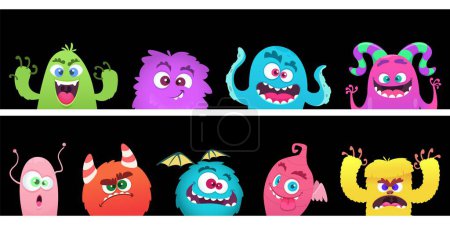 Illustration for Cartoon monsters. Halloween monster faces vector banners template. Halloween monster spooky, funny beast and alien illustration - Royalty Free Image