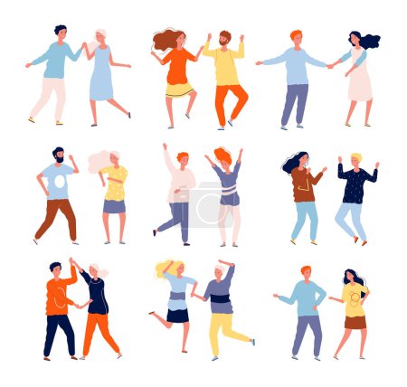 Illustration for Dancing couples. Funny people male and female crowd dancing tango salsa chacha vector happy characters collection. Woman and man happy dance together, disco party illustration - Royalty Free Image