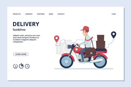 Illustration for Delivery vector banner. Delivery man on motorcycle with parcels. Fast and free express, quick motorbike illustration - Royalty Free Image
