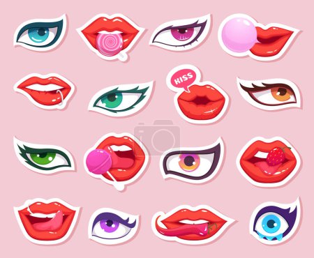 Ilustración de Pegatinas de moda. Sexy mujer labios con dulces y ojos cómics sonriente boca maquillaje retro vector pegatinas. Ilustración mujer sexy boca y ojos - Imagen libre de derechos