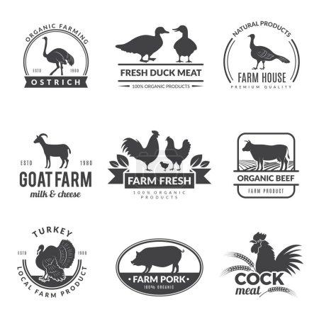 Téléchargez les illustrations : Logo animaux de ferme. Vache moutons symboles de chèvre pour les aliments frais et sains des agriculteurs collection vectorielle. Illustration vache et autruche - en licence libre de droit