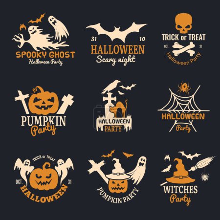 Illustration for Halloween badges. Party scary logo horror symbols skull bones vector halloween collection. Horror party holiday halloween logo illustration - Royalty Free Image